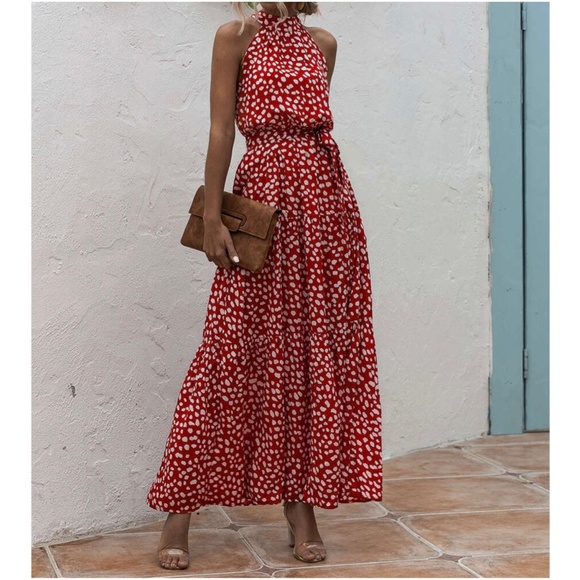 Boho Blue White Floral Print Halter Ruffle Maxi Dress - Picture 10 of 13